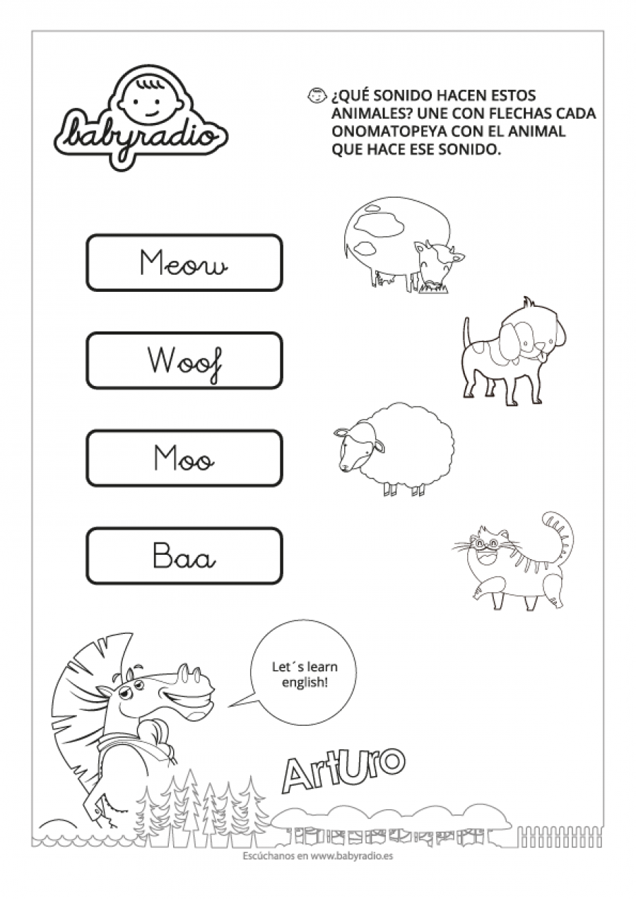 Que Onomatopeyas Usan Cada Animal Une Con Flechas Al Animal Con El Sonido Que Realiza En Ingles Babyradio