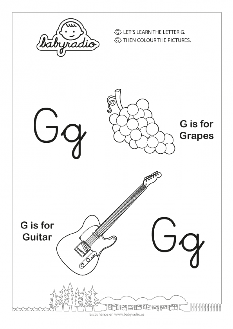 Vamos A Aprender Palabras Que Comienzan Con La Letra G En Ingles G Is For Grapes G Is For Guitar Babyradio